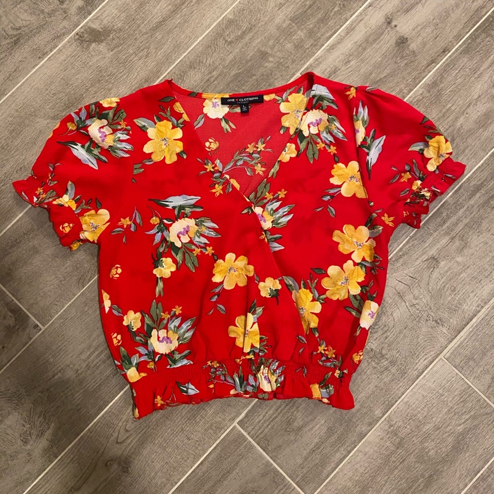 Red floral cropped blouse